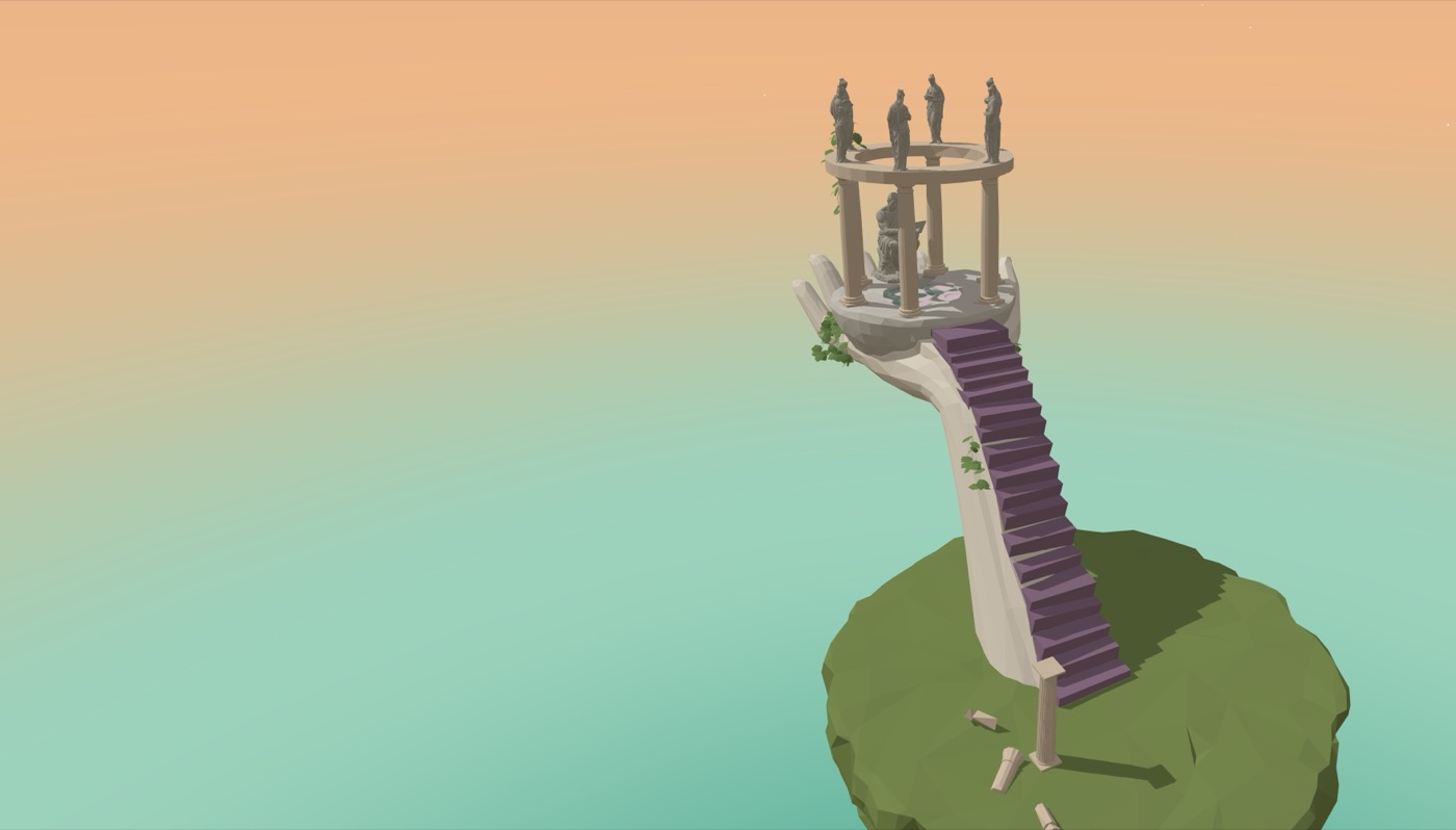 The island: a low-poly floating island where a stone hand holds a round pavilion with Eratosthenes' statue, reached by a purple staircase. The chat opens over it when the child taps the light beside the statue.